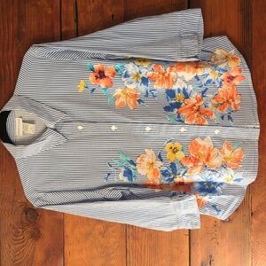 Alfred Dunner | Blue White Striped Floral 3/4 Sleeve Button Down Cotton Size 16